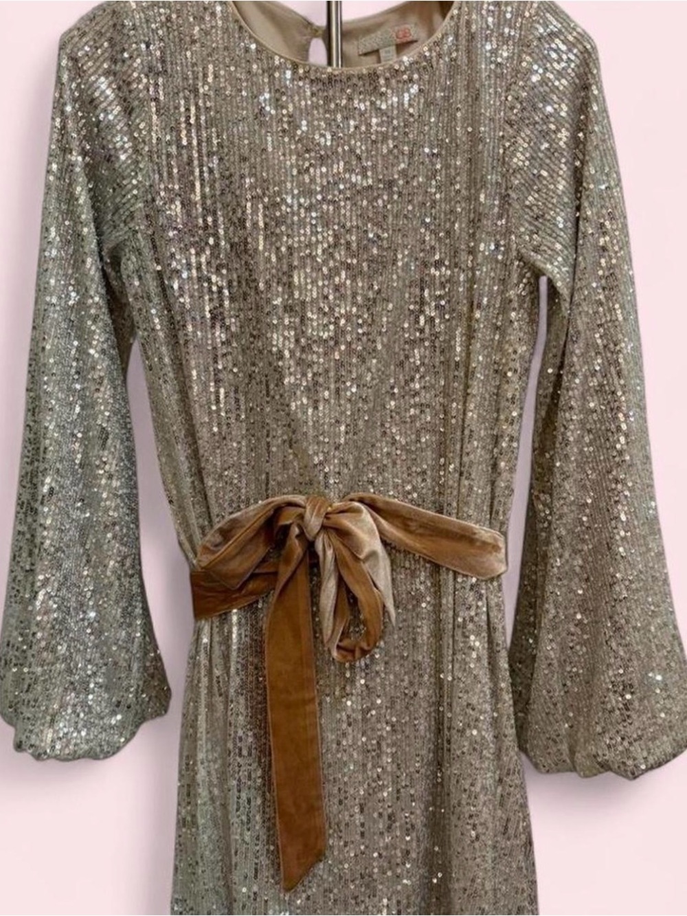 Sparkling Silver Mini Dress with Velvet Bow
